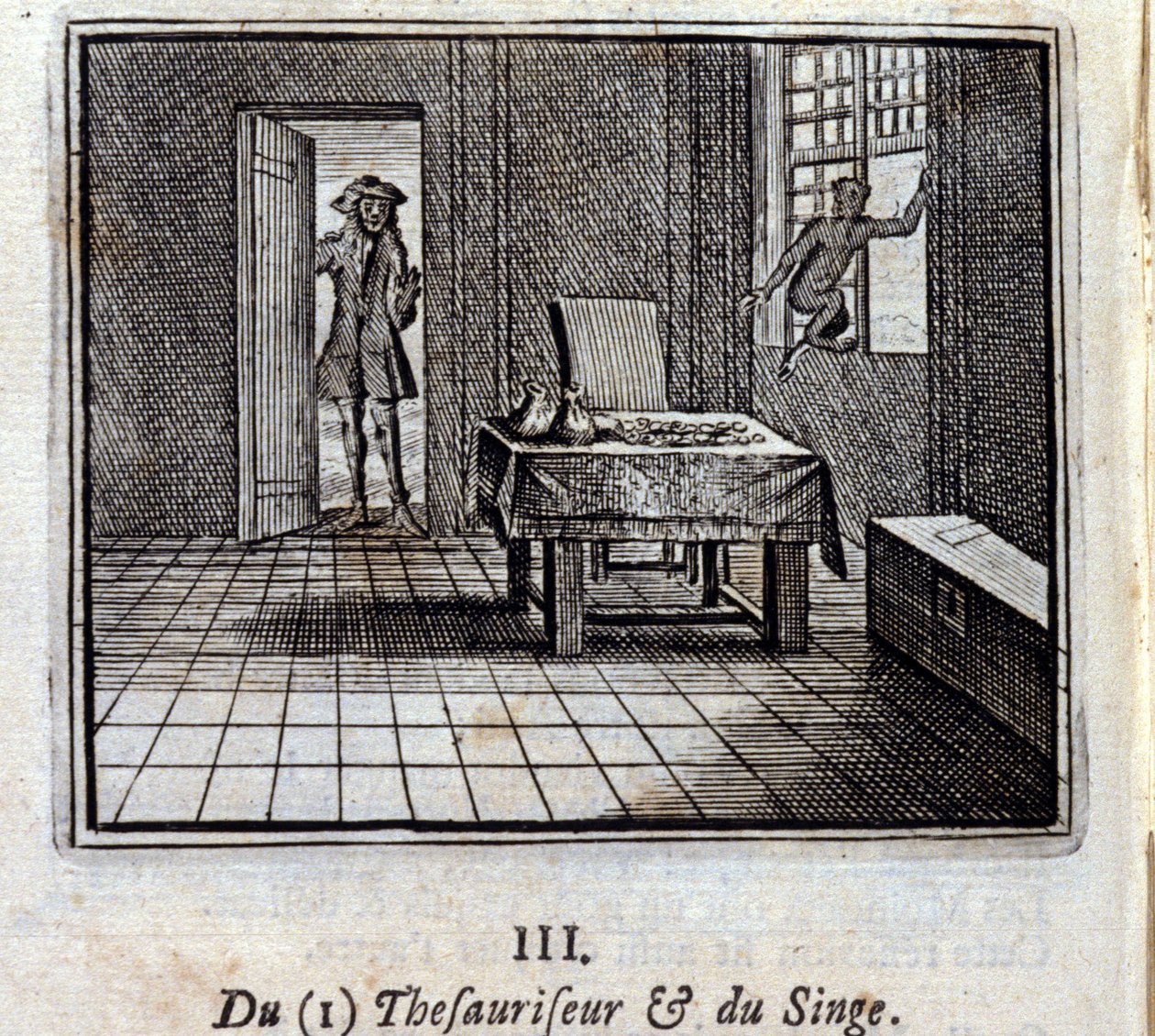 Tezaurizátor a Opice. Bajky Jean de La Fontaine (1621-95). Ilustrace François Chauveau (1613-1676). Vydání z roku 1728. od Francois Chauveau