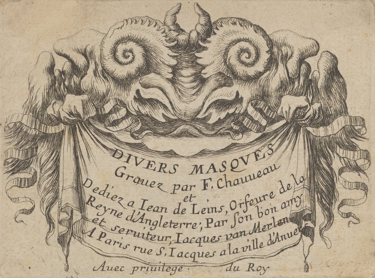 Titulní štítek se dvěma hlavami satyra, od Divers Masques, ca. 1635-45. od Francois Chauveau