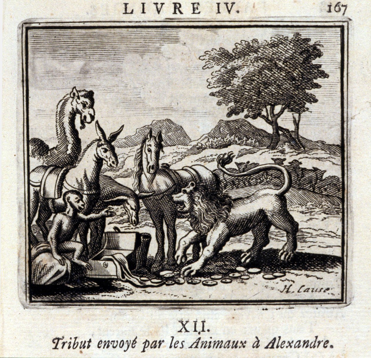 Pocta seslaná zvířaty Alexandrovi. Bajky Jean de La Fontaine (1621-95). Ilustrace François Chauveau (1613-1676). Vydání z roku 1728. od Francois Chauveau