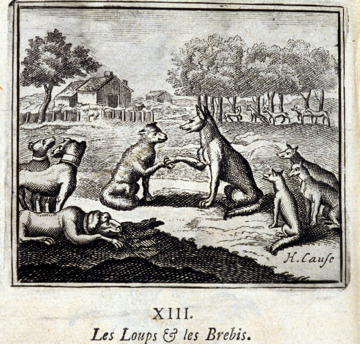 Vlci a ovce. Bajky Jean de La Fontaine (1621-95). Ilustrace Francois Chauveau (1613-1676). Vydání z roku 1728. od Francois Chauveau