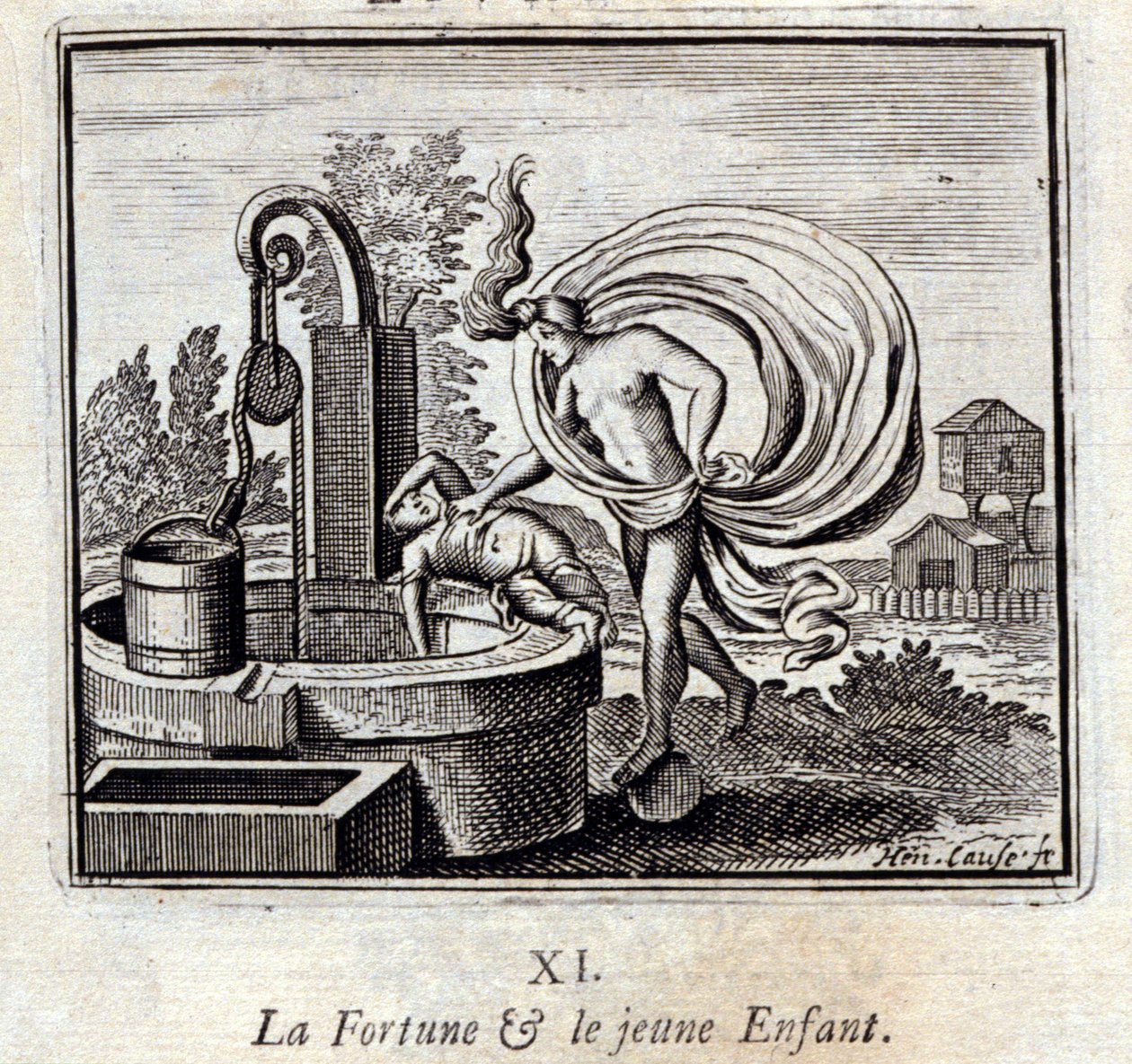 štěstí a malé dítě. Bajky Jean de La Fontaine (1621-95). Ilustrace François Chauveau (1613-1676). Vydání z roku 1728. od Francois Chauveau