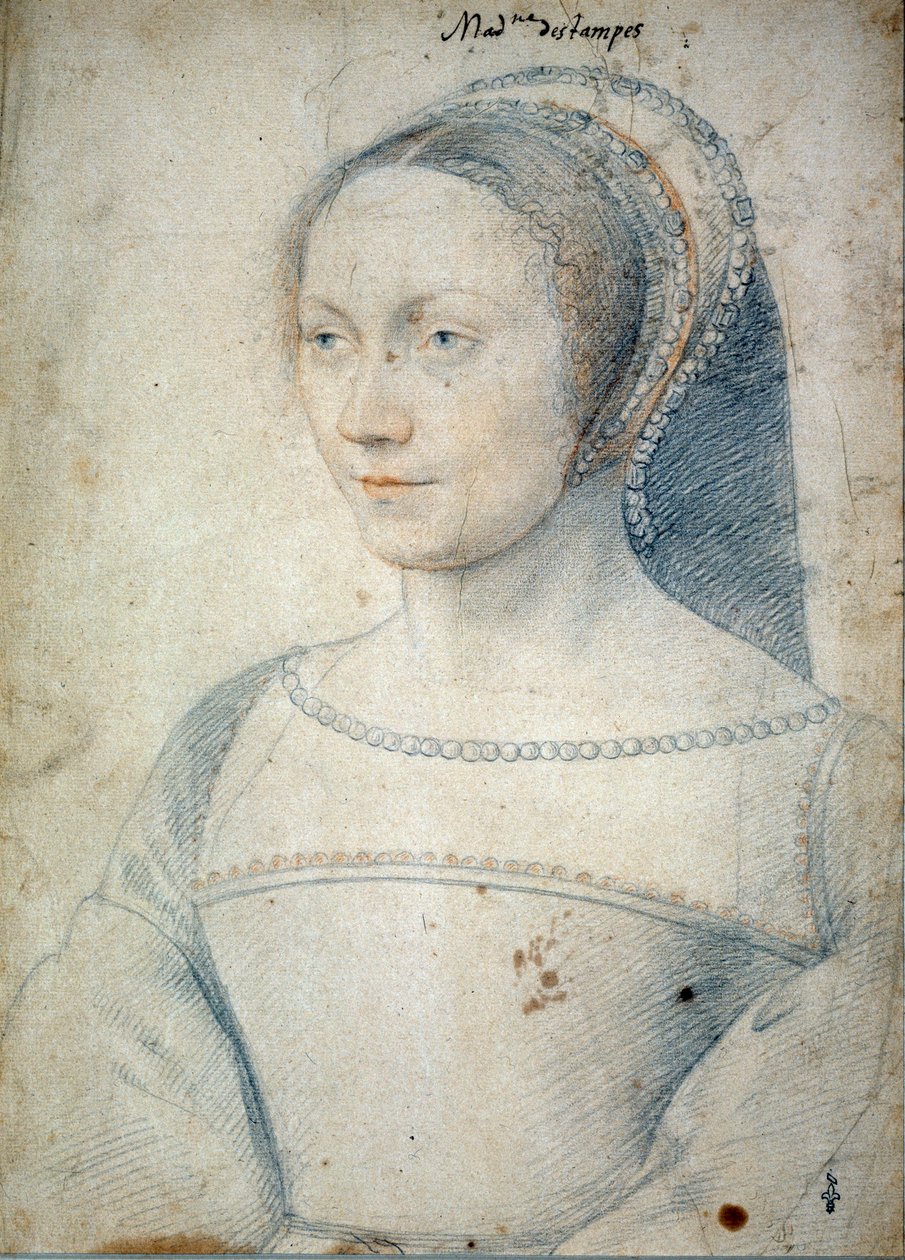 Portrét Anny de Pisseleu, manželky Jean de Brush, vévodkyně z Etampes (1508 - 1576). Kresba černým kamenem a krví od Francoise Cloueta (1515-1572) od François Clouet