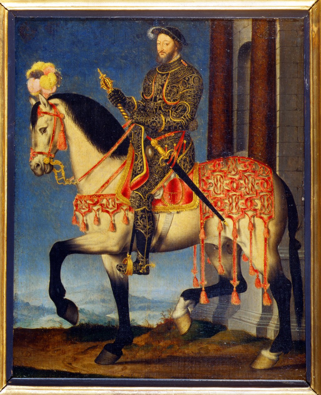 Portrét Františka I. na koni od Françoise Cloueta (asi 1510 - 1572). Musee des Uffizi, Florencie - Jezdecký portrét Františka I. Francouzského (olej na panelu) od François Clouet