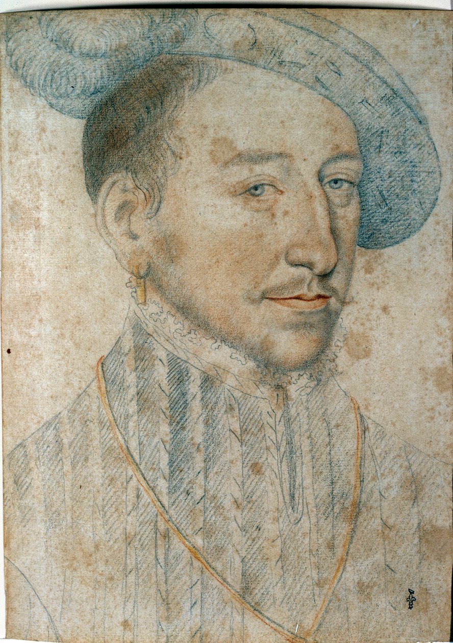 Portrét Jindřicha II. (1519 - 1559), krále Francie. Kresba černým kamenem a krví od Francoise Cloueta (1515-1572) od François Clouet