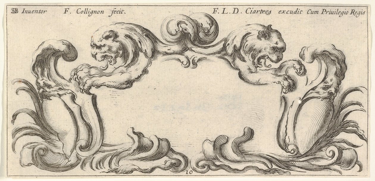 Deska 10: kartuše s hlavami dvou lvů v profilu vlevo a vpravo v t..., ca. 1640-45. od Francois Collignon