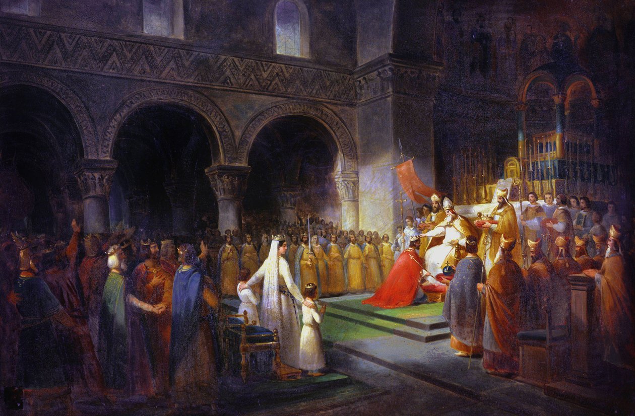 Korunovace Pepina le Brefa v opatství svatého Denise od Francois Dubois
