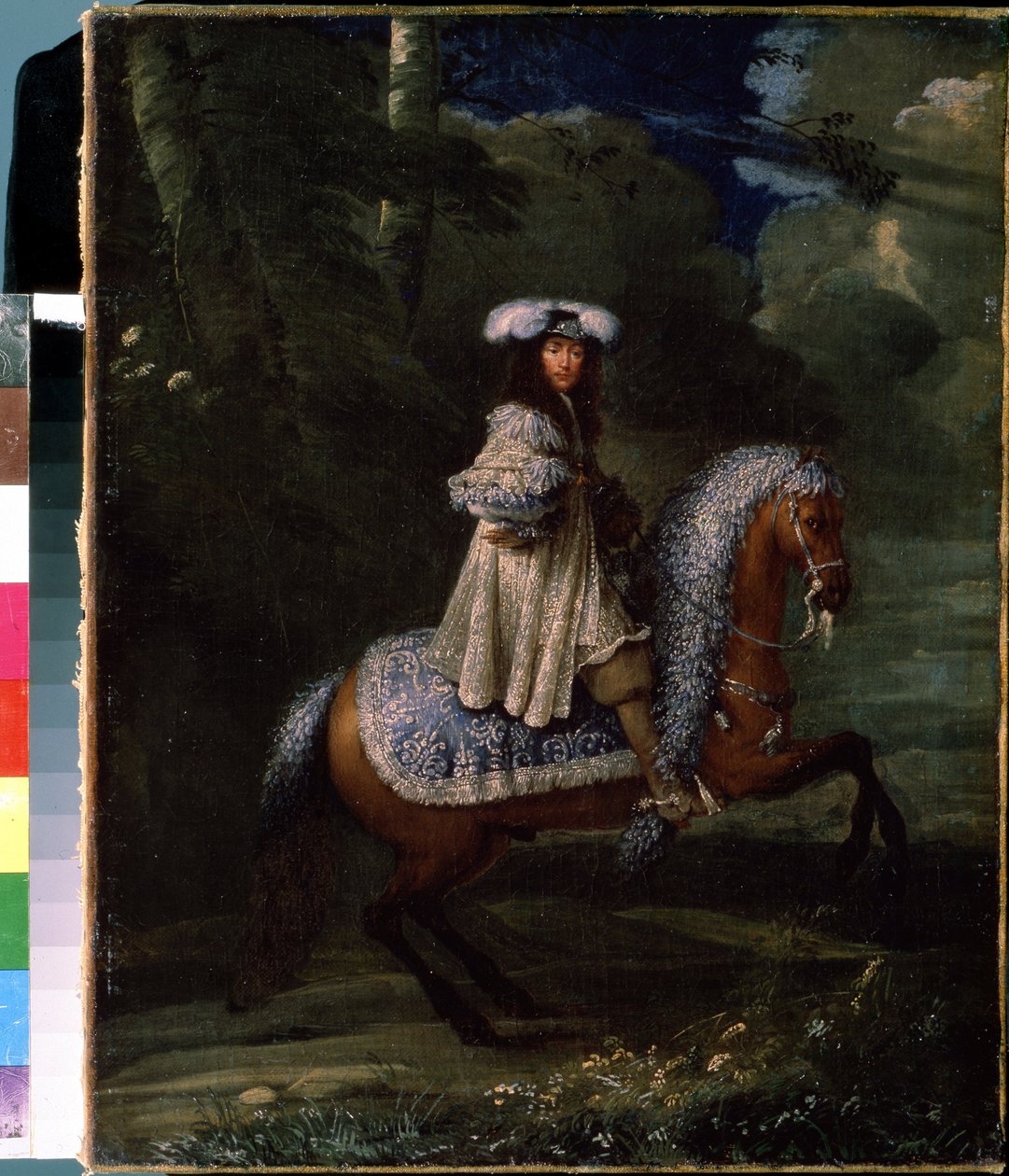 Jezdec v modrém (Jezdecký portrét Ludvíka XIV., kolem roku 1670, olej na plátně) od Francois Duchatel