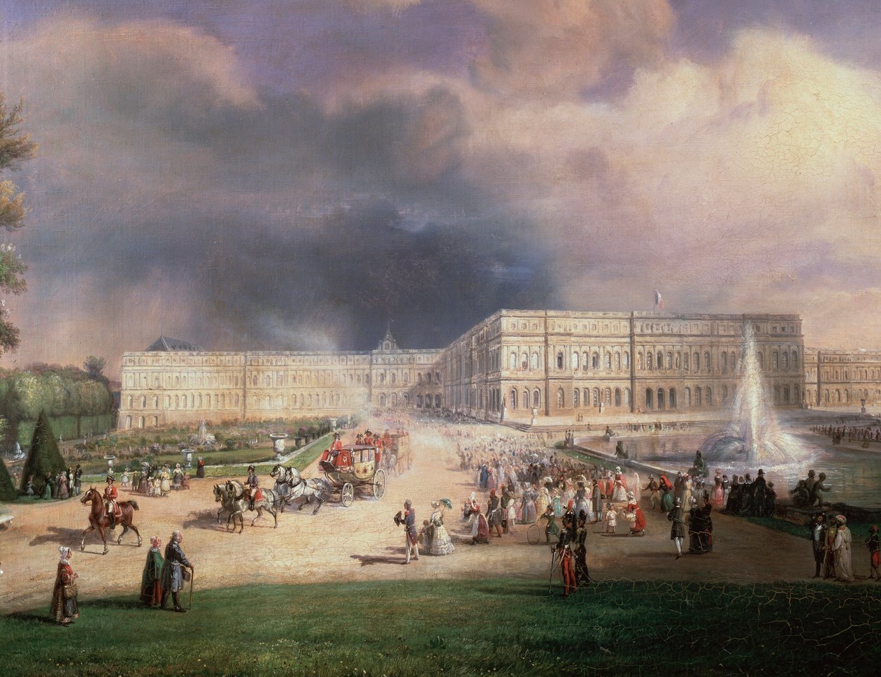 Louis-Philippe francouzský král, jeho rodina a vévodkyně z Kentu navštěvující Grandes Eaux ve Versailles, Francie, květen 1844 (Detail Painting od Francois Edme Ricois