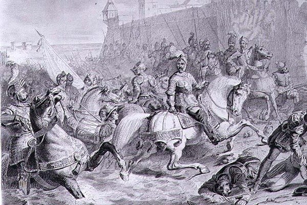 Dobytí Calais Františkem, druhým vévodou z Guise (1519-63) v roce 1558, vyryl Amedee Felix Barthelemy Geilee (1802-43) (rytina) od Francois Edouard (after) Picot