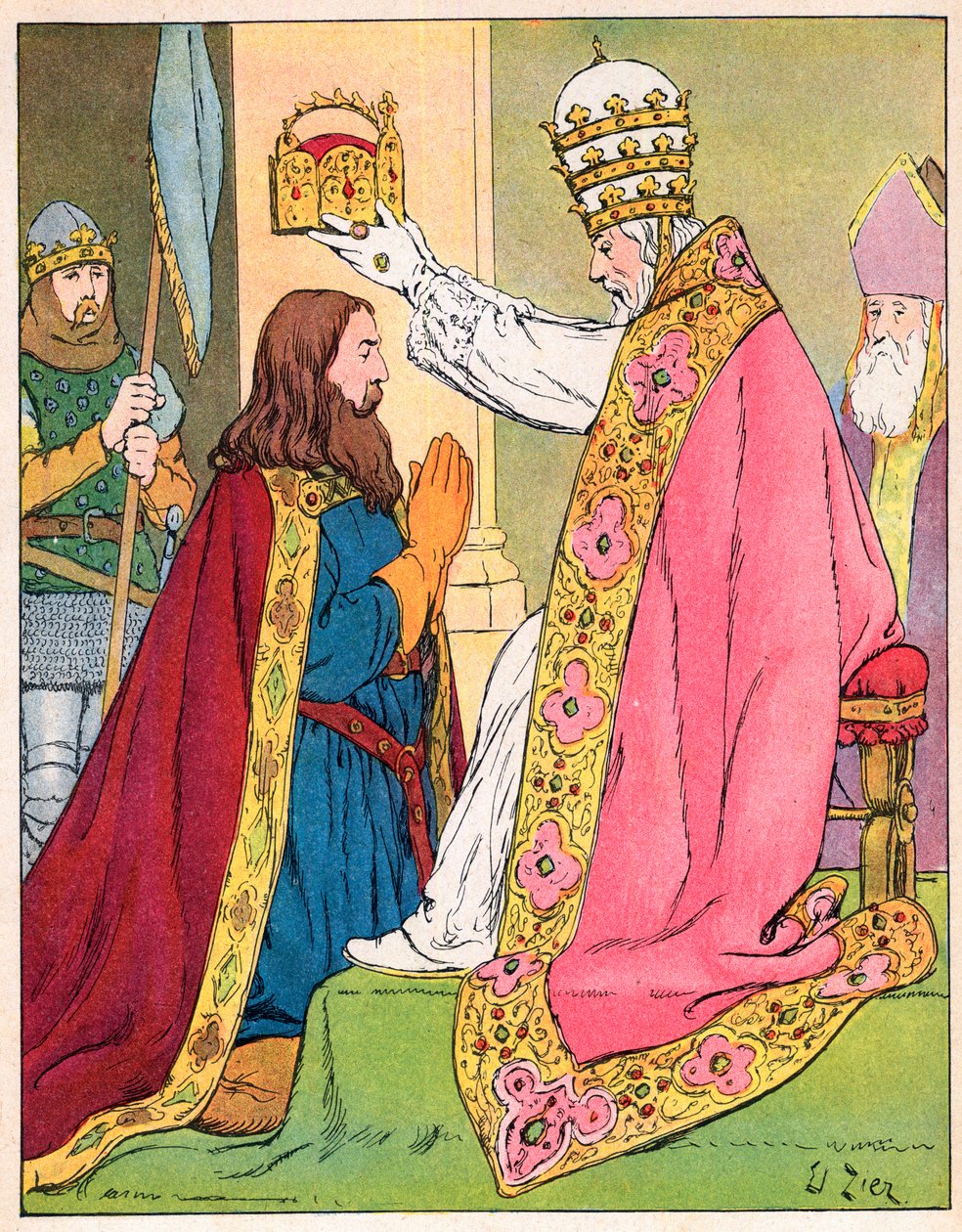 Karel Veliký (742-814) korunován papežem Lvem III. (c750-816) v bazilice svatého Petra v Římě dne 25. prosince 800 - Posvátno (korunovace) Karla Velikého (742-814) v roce 800 papežem Leonem III. - Ilustrace Francoise Ziera ( 1856-1924) převzato z „Our Glor od Francois Edouard Zier
