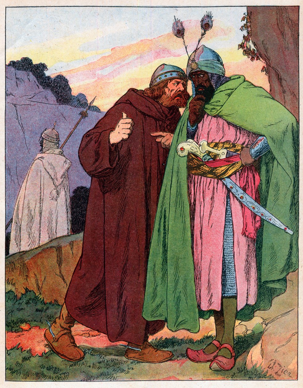 Ganelon hlásí slova císaře Karla Velikého (742-814) nepříteli (Song de Roland) (Záležitost Francie) - Ilustrace Francoise Ziera (1856-1924) převzaté z „“Nos-Gloriers-Nationales““ kolem roku 1920 od Francois Edouard Zier