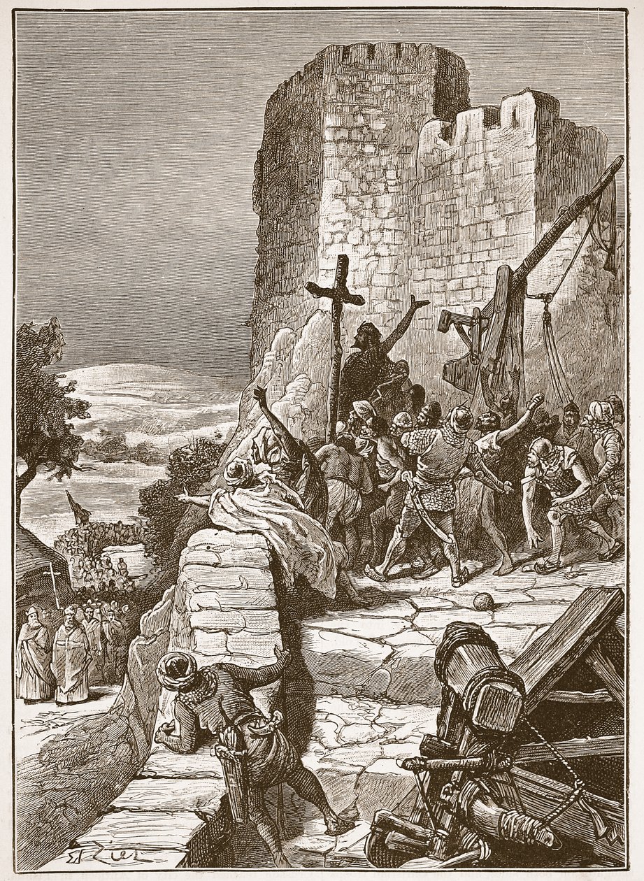 Průvod křižáků kolem hradeb Jeruzaléma, ilustrace z „Cassell