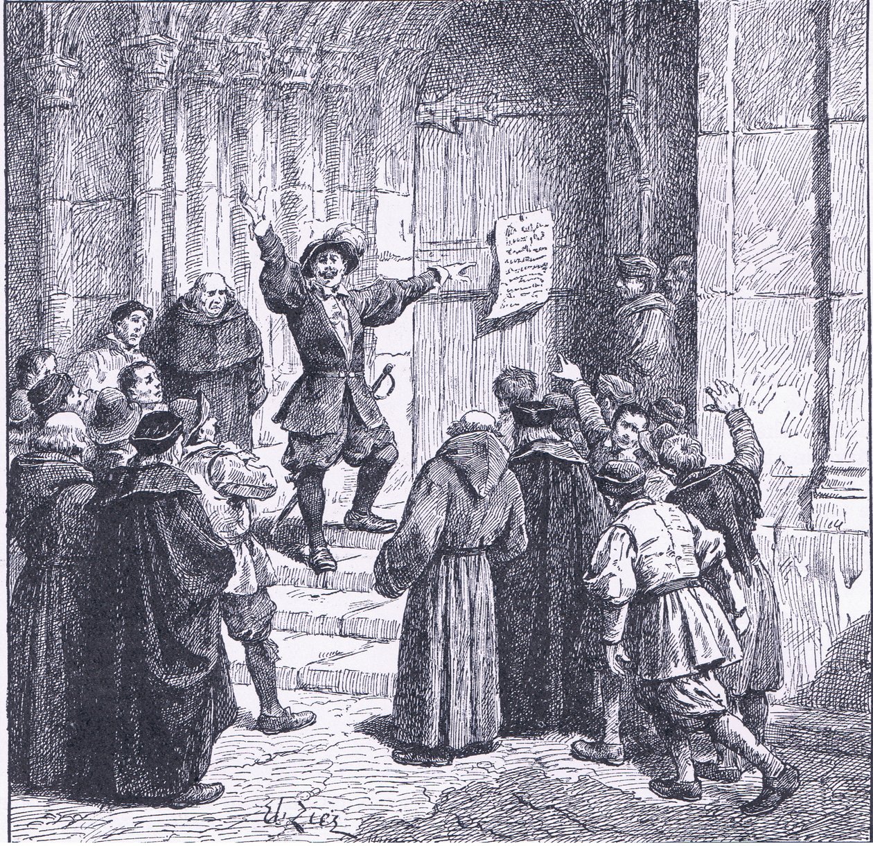 Robert Aske připevňuje své prohlášení na dveře York Minster z Cassells History of the British People vydané Waverley Book Company, kolem 50. let (litho) od Francois Edouard Zier