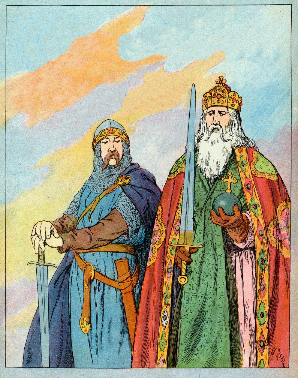 Franský král Karel Veliký a francouzský rytíř Roland de Roncevaux - Charlemagne a Le Chevalier Roland (736-778) - Ilustrace Francoise Ziera (1856-1924) převzaté z „Nos-Gires-Nationales“ kolem roku 1920 od Francois Edouard Zier