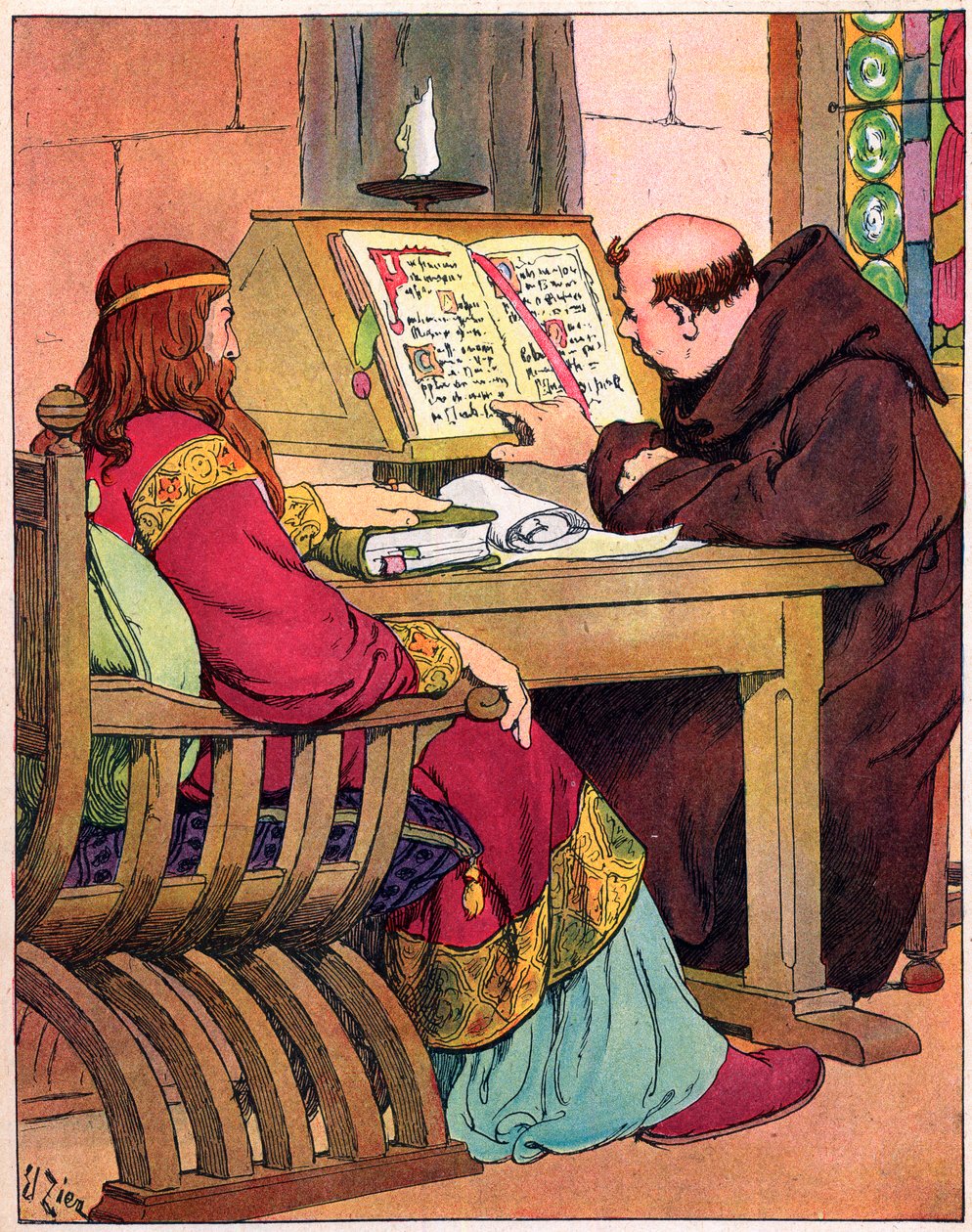 „“ Král franků Karel Veliký (742-814) mluví s Alcuinem (731-804), anglickým mnichem z Yorku, předchůdcem reformy školy, Cáchy 782“ (Portrét krále Franků Karla Velikého (Charlemagne) a jeho poradce Alcuin z Yorku (Ealhwine, A od Francois Edouard Zier
