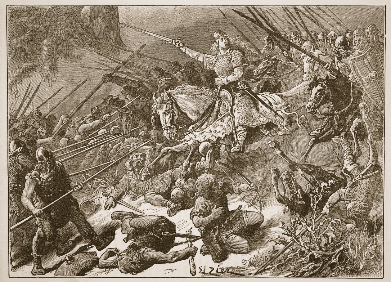 "Dáma Mercijců" bojující s Velšany, ilustrace z "Cassell