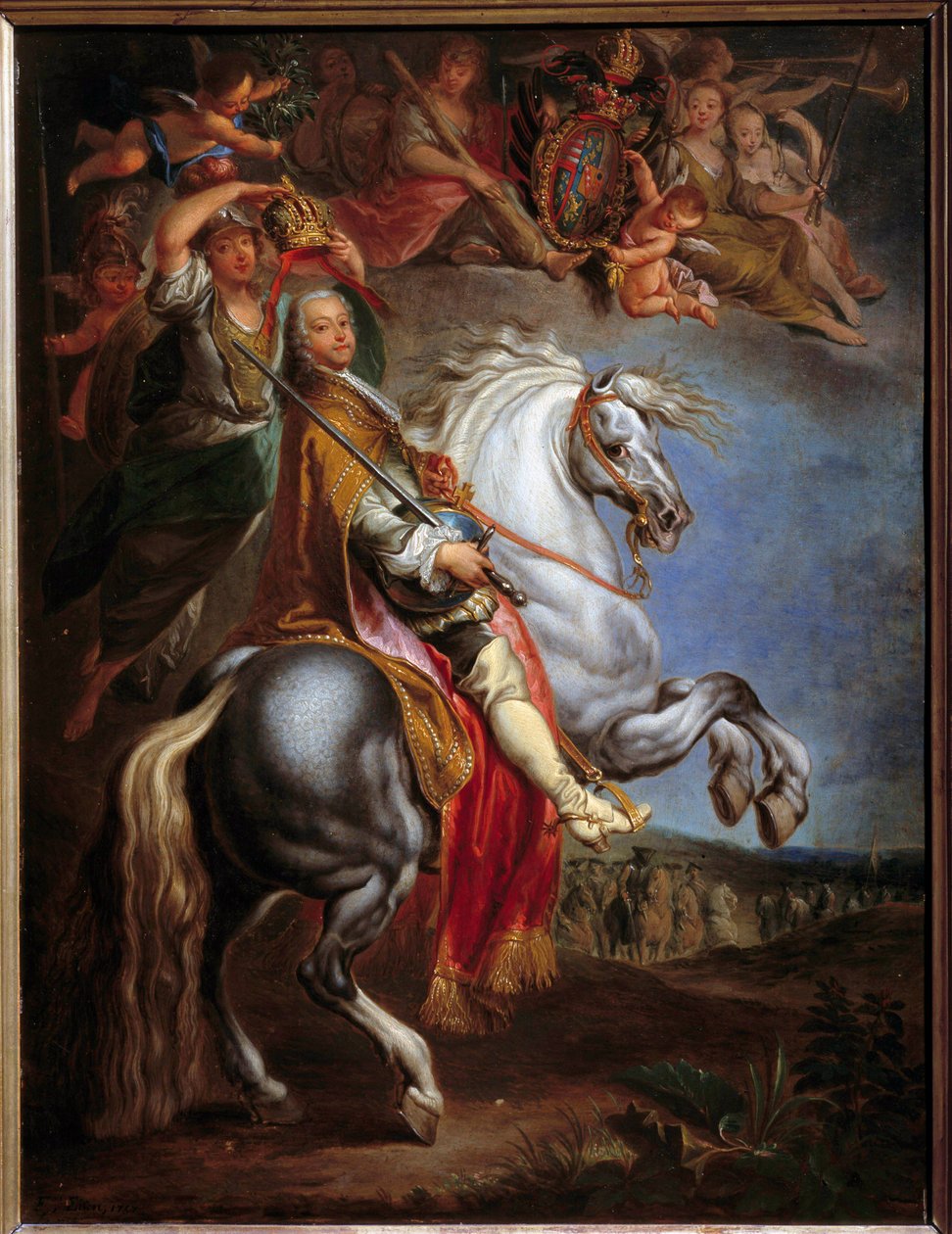 Jezdecký portrét Francoise III. (1708-1765), vévody lotrinského, tehdejšího germánského císaře a velkovévody Toskánska, manželky Marie Terezie Rakouské (1717-1780) Obraz Francoise Eisena (1695-1778) od Francois Eisen