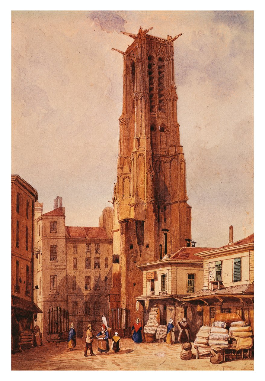 Francie, Paříž, věž Saint-Jacques od Francoise-Etienna Villereta, kresba od Francois Etienne Villeret