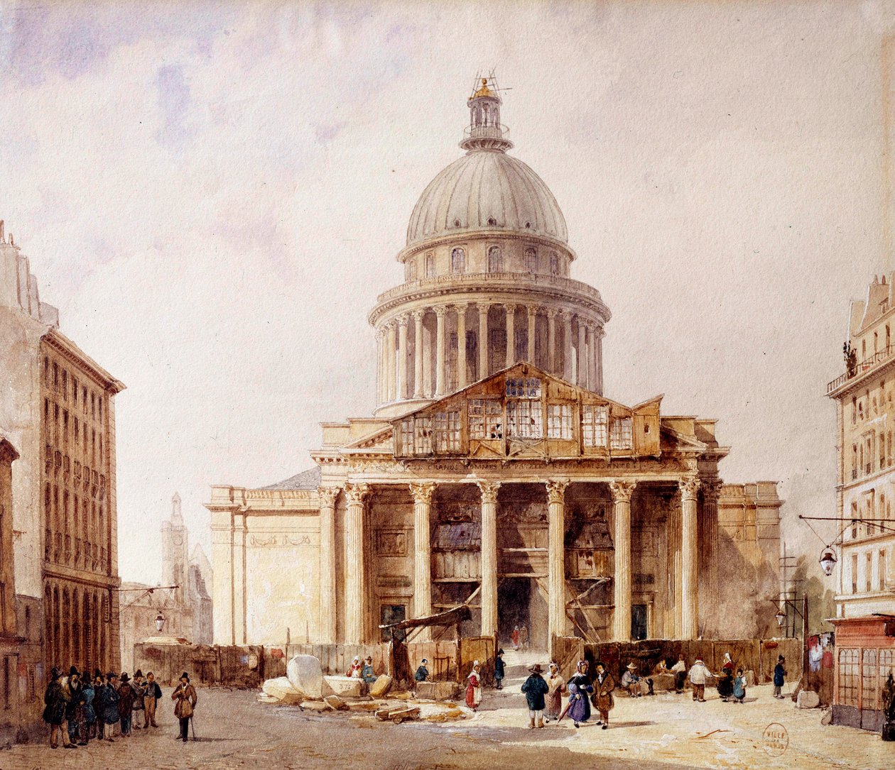 Pohled na budovaný Pantheon v Paříži z rue Soufflot Budova byla postavena podle projektu Jacquese Germaina Soufflota (1713-1780) na místě kostela Sainte Genevieve. Akvarel od Francoise Etienna Villereta (asi 1800-1866) 1835. P od Francois Etienne Villeret