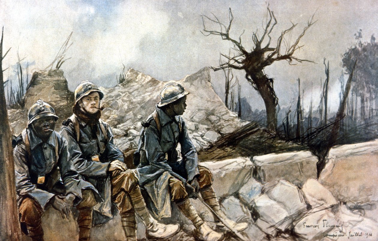 3 francouzští vojáci sedící před ruinami kostela Dampierre. Válka 1914 - 1918. Obraz Francoise Flamenga (1856-1923). Paříž, Musee de l