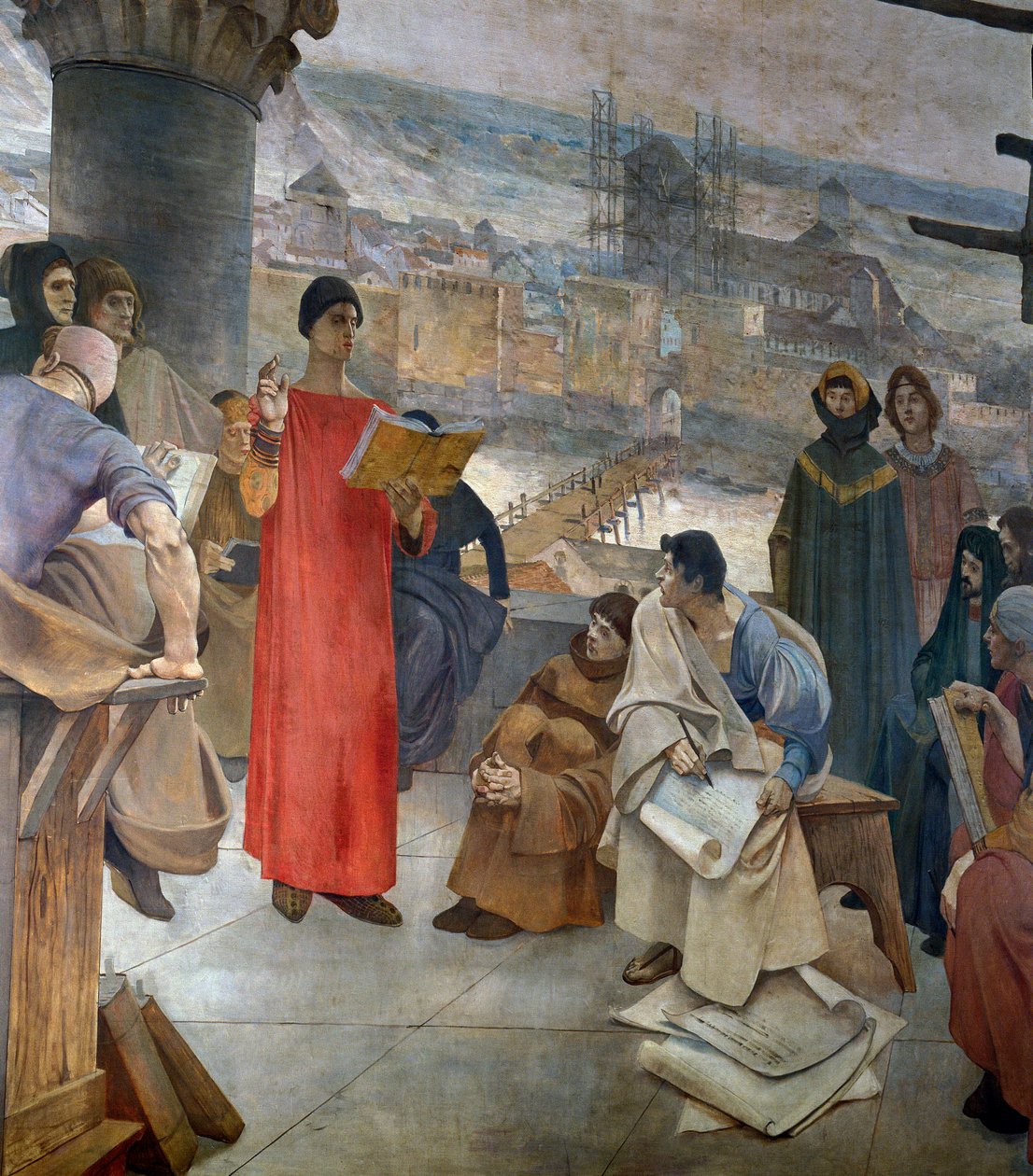 Abelard a jeho škola na hoře Sainte Genevieve v Paříži. Mistr Pierre Abailard (nebo Pierre Abeilard od Francois Flameng