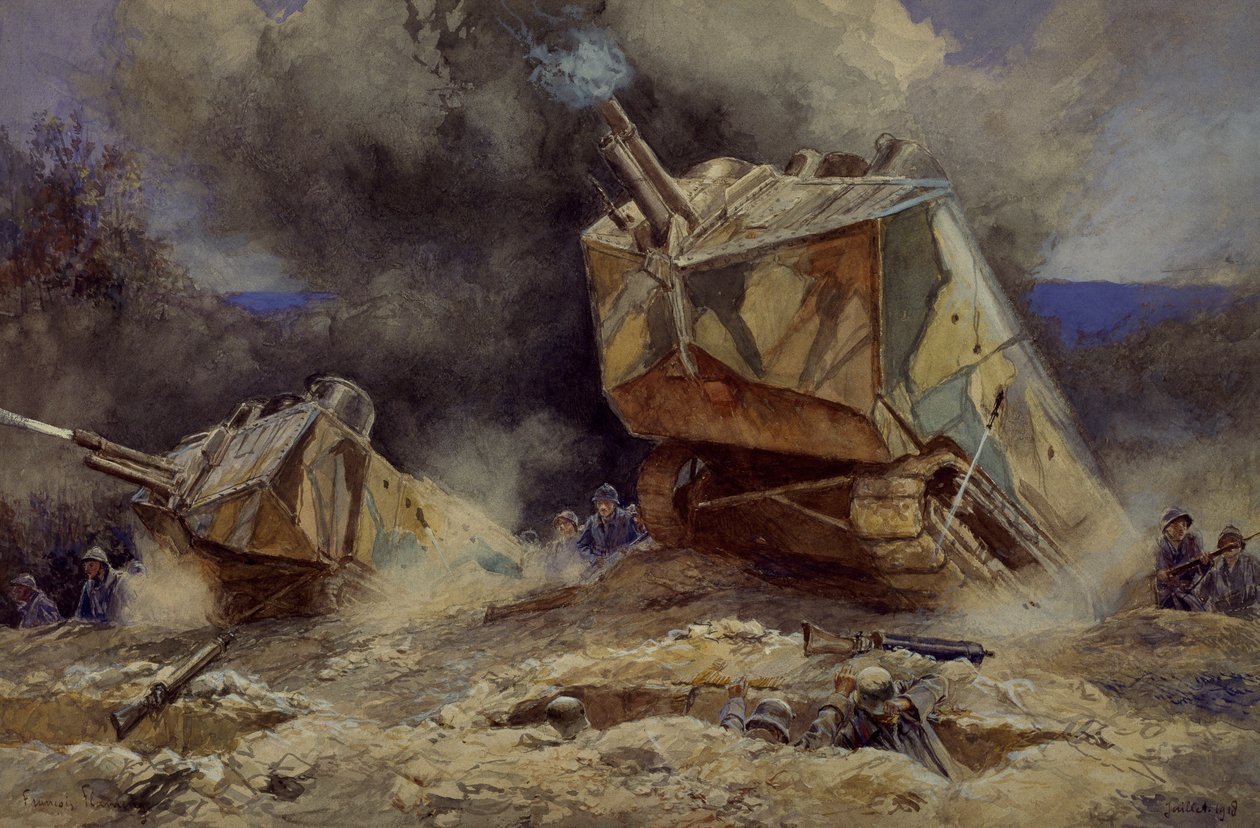 Útok na pěchotu a tanky v Saint Chamond, červenec 1918 (akvarel) od Francois Flameng