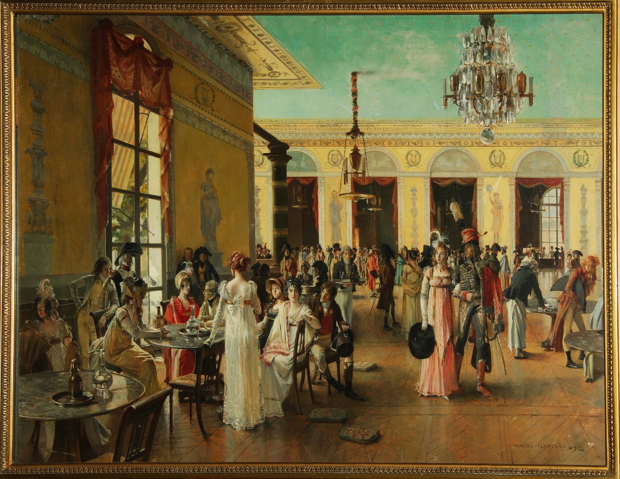 Cafe Frascati (Paříž, Francie), scéna v době Napoleona (konec 18.-1815) - Malba Francoise Flamenga (1856-1923), olej na dřevě od Francois Flameng