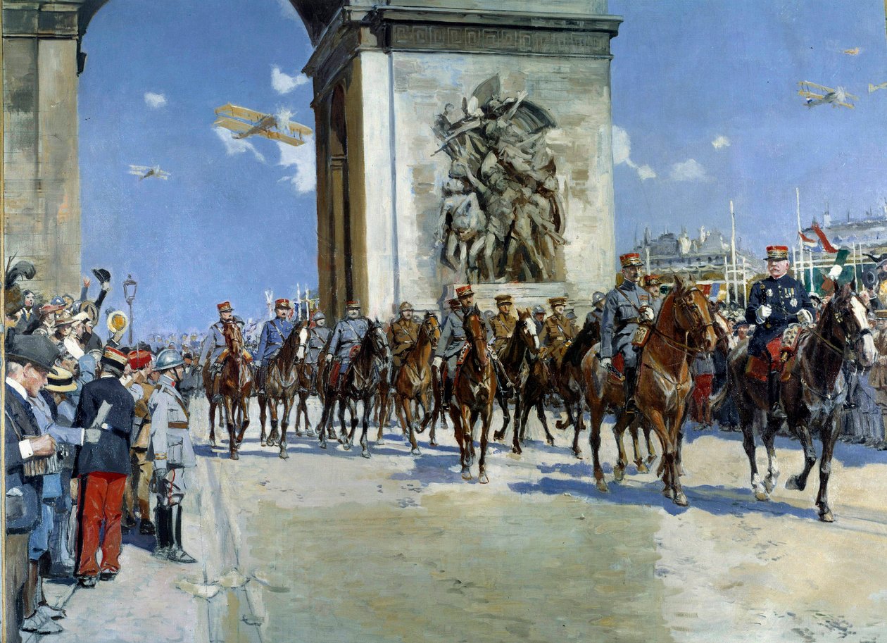 První světová válka: “” Defilé vítězství 14.7.1919 nad Champs Elysees v Paříži”” mezi vojáky Marechal Ferdinand Foch (1851-1929) a Marechal Joseph Joffre (1852-1931). Obraz Francoise Flamenga (1856-1919) 1919 Paříž, Musee de l