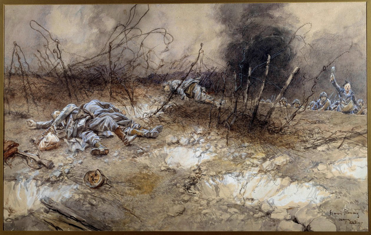 První světová válka: scéna bitvy u La Craonne dne 5.4.1917. Tělo pěšáků ležící mezi vousy. Akvarel od Francoise Flamenga (1856-1923) Sun. 0,3x0,56 m Paříž, Musee de l