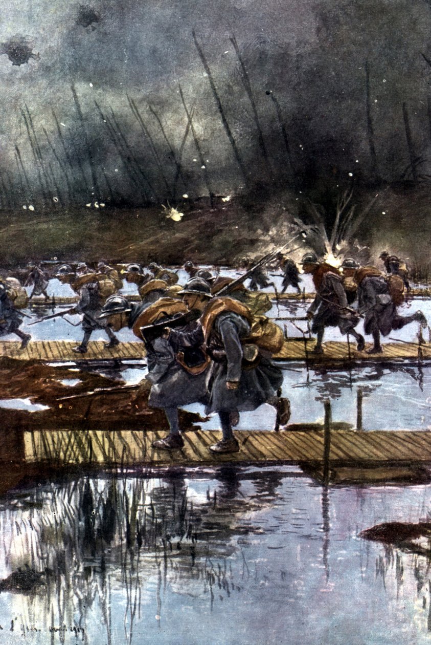 Přechod francouzského 1. pěšího sboru přes kanál Yser, 31. července 1917, 4.45 hod. Podle obrazu Francoise Flamenga (1856-1923) Francouz. od Francois Flameng