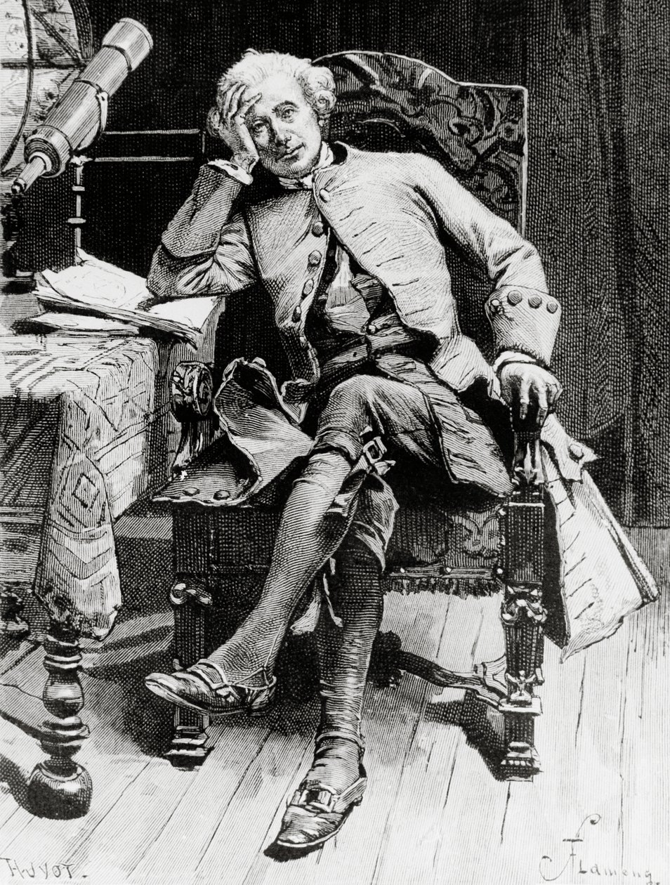 Portrét Guye Manneringa, hlavní postava Guye Manneringa nebo astrologa, román Waltera Scotta (1771-1832), rytina podle kresby Francoise Flamenga (1856-1923), z pařížského vydání od Francois Flameng