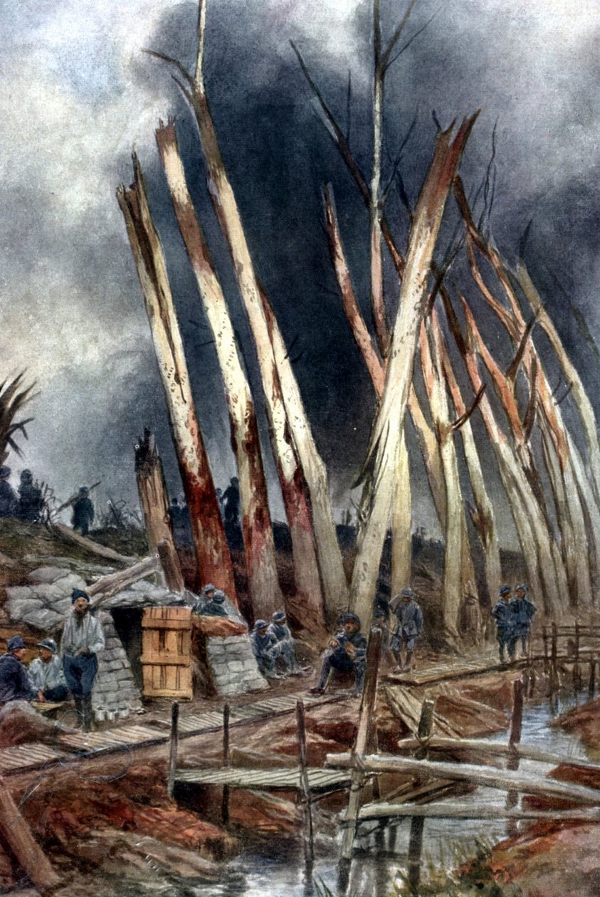 "Ofenzíva u Yseru (1917)". Francouzská linie u Het-Sas těsně před 31. červencem. Vojáci čekající na rozkazy mezi stromy zničenými palbou z předchozích bojů. Podle obrazu Francoise Flamenga (1856-1923), Francouz. od Francois Flameng