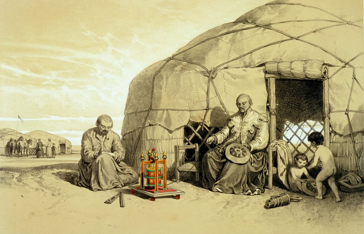 Kalmuks s modlitebním kolem, Sibiř, ilustrace z „Kaspické stepi, Kavkaz, Krym a jižní Rusko“ od Xaviera Hommaire de Hell, kolem 1838-42 (barevné lito) od Francois Fortune Antoine (after) Ferogio
