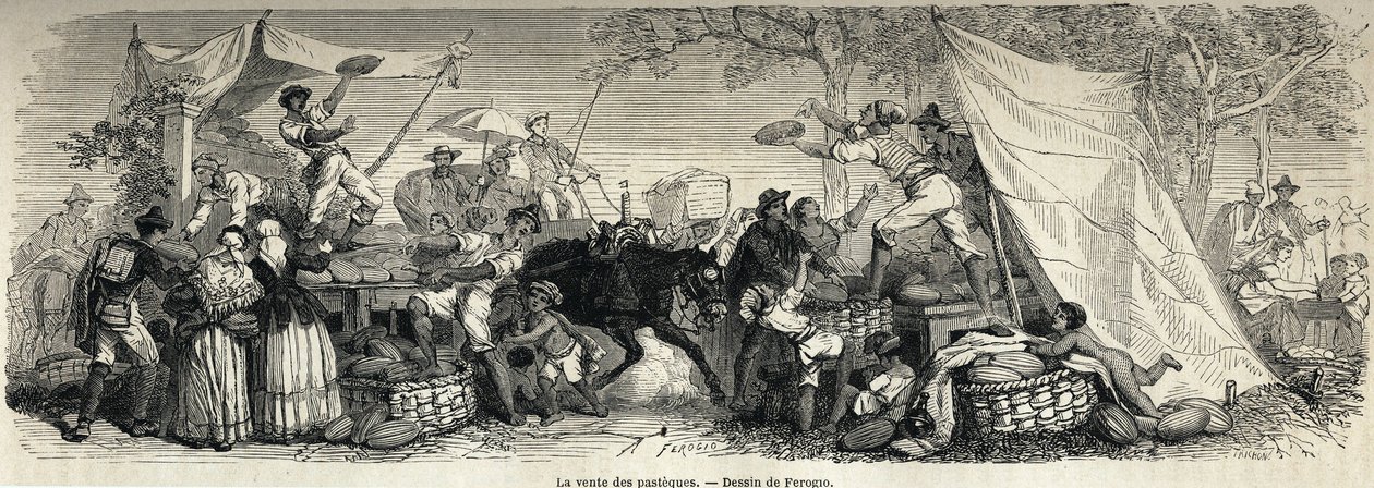 Prodej vodních melounů, kresba Ferogio, k ilustraci Neapole a Neapolců, v roce 1861, Marc Monnier (1829-1885). Rytina v “”Le tour du monde”” 1861. Selva sbírka. od Francois Fortune Antoine (after) Ferogio