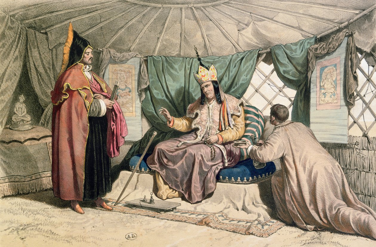 Kalmucký velekněz se svým Ghepi, ilustrace z „Voyage a la mer Caspienne“ od Xaviera Hommaire de Hell (1812-48) kolem roku 1850 od Francois Fortune Antoine Ferogio