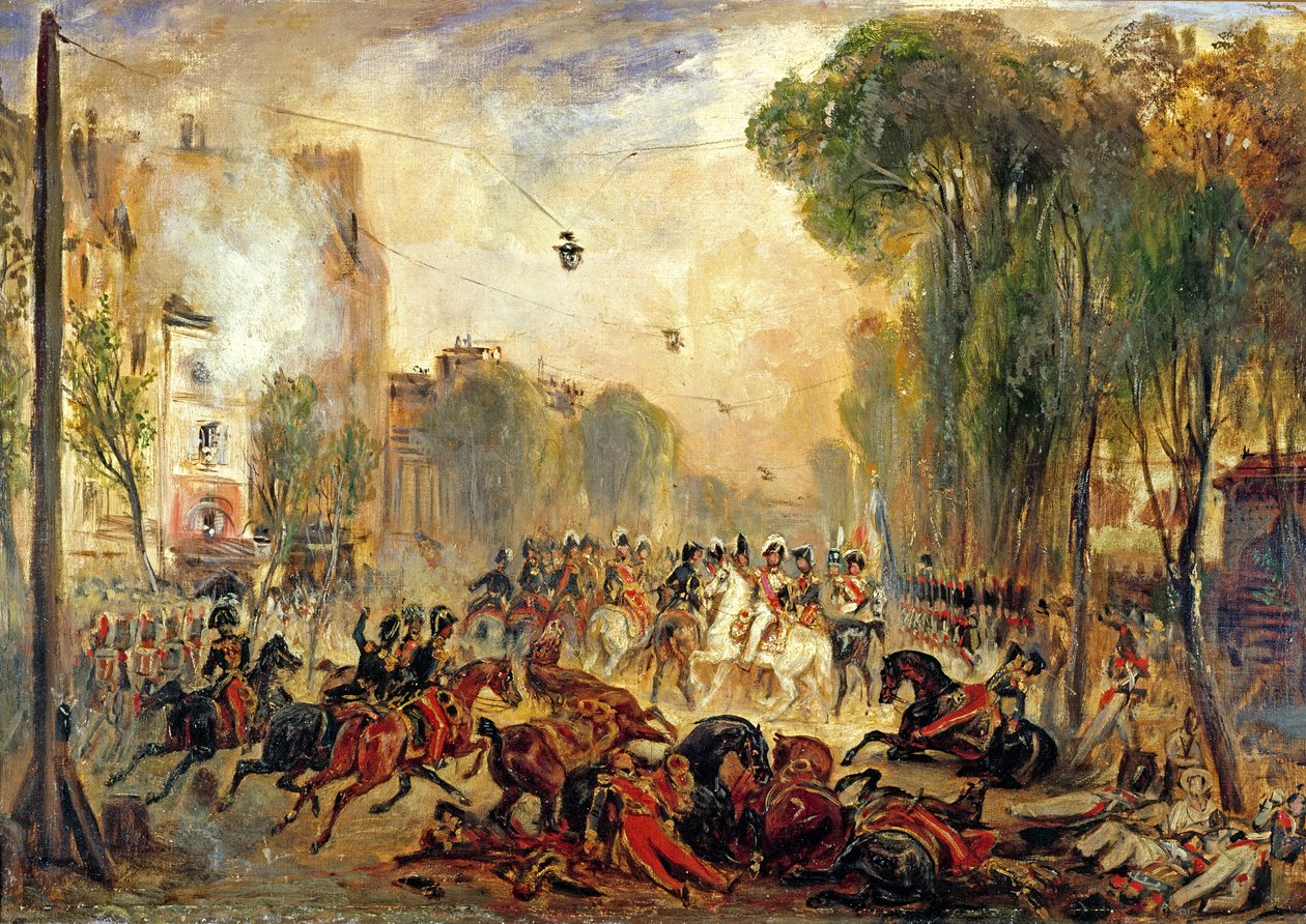 Pokus o atentát na krále Ludvíka-Philippa (1773-1850) od Giuseppe Fieschiho (1790-1836) Boulevard du Temple, 28. července 1835 (olej na plátně) od Francois Gabriel Guillaume Lepaulle