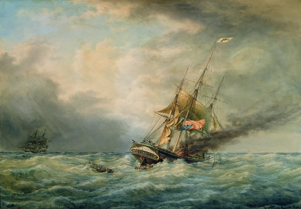 Loď "Poland" hořící na moři v květnu 1840 od Francois Geoffroy Roux
