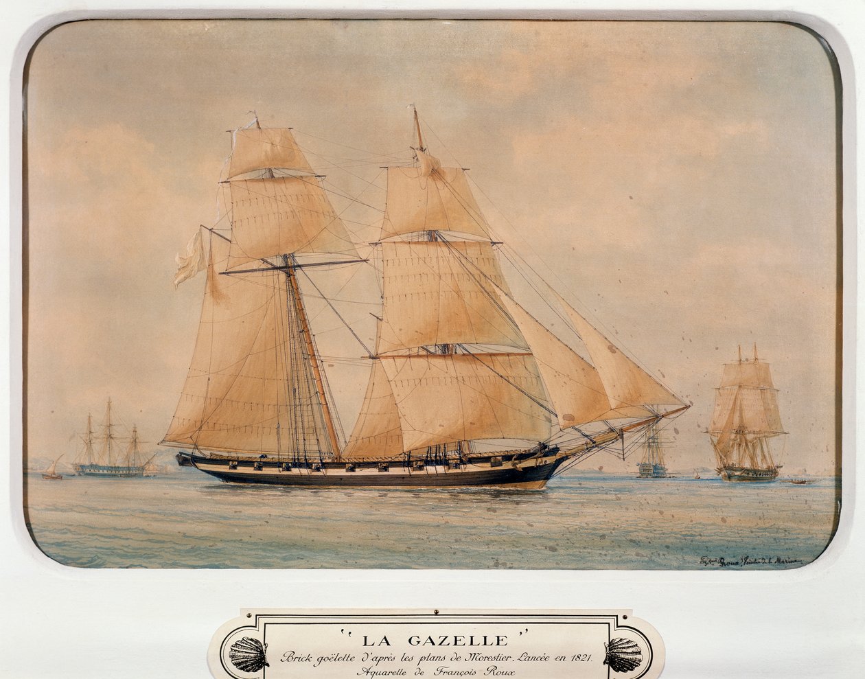 Škuner La Gazelle, Francois Roux (1811-1882), akvarel, Francie od Francois Geoffroy Roux