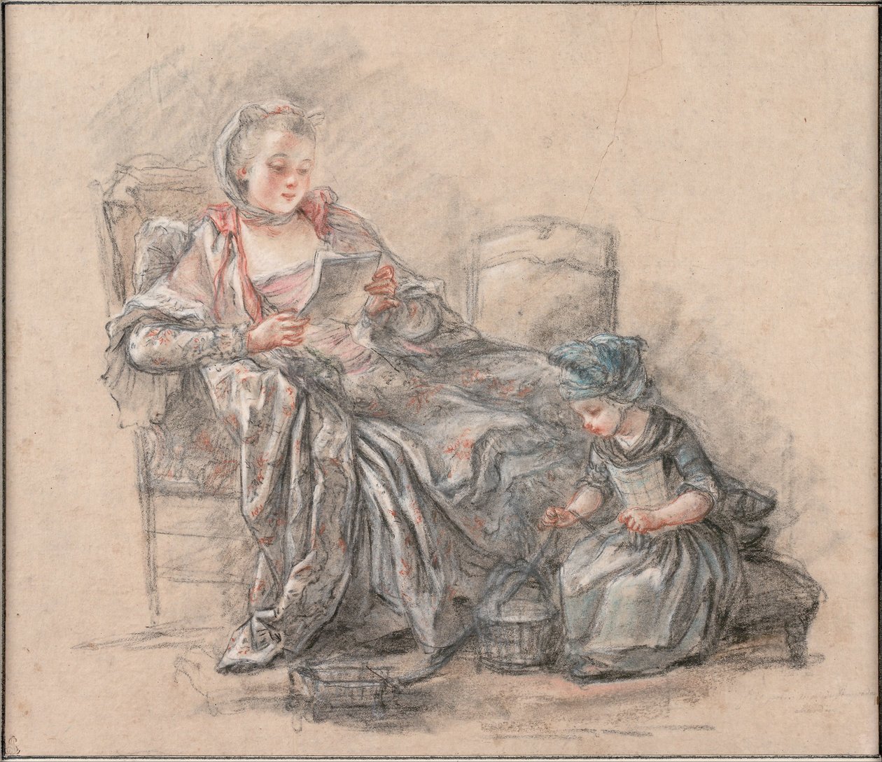 Žena čtení a dívka si hraje (pravděpodobně markýza de Pompadour se svou dcerou Alexandrine), 1748 od Francois Guérin