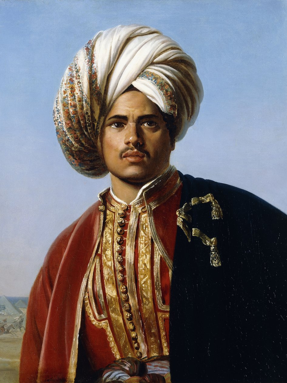 Portrét osmanského prince, poloviční délka, v červené a zlaté, od Francois Henri Alexandre La Fond