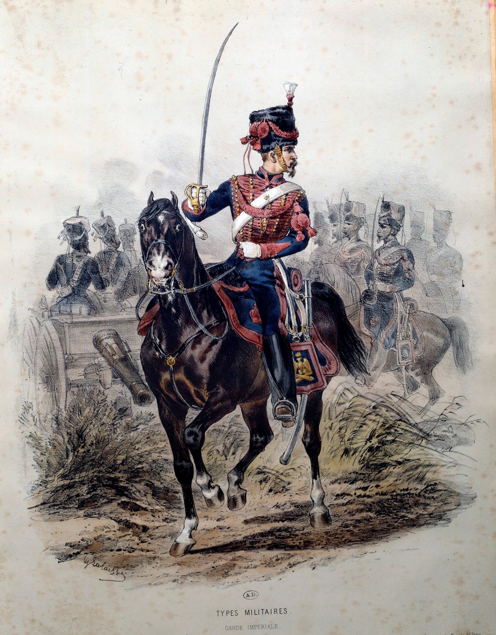 Voják císařské gardy na koni. Litografie Francoise Lalaisse (1812-1884) 1860 Paříž, dekorativní umění od Francois Hippolyte Lalaisse