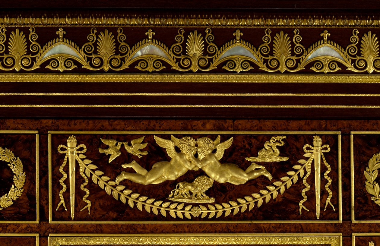 Nábytek: detaily šatníkových skleníkových klenotů Impress Josephine de Beauharnais (Marie-Joseph-Rose de Tascher de la Pagerie) (Marie Joseph Rose) (1763-1814) ze dřeva, zlaceného bronzu od Francoise Jacoba-Desmaltera (Jacob Desmalter ) (1770-1841) od Francois Honore Georges Jacob Desmalter