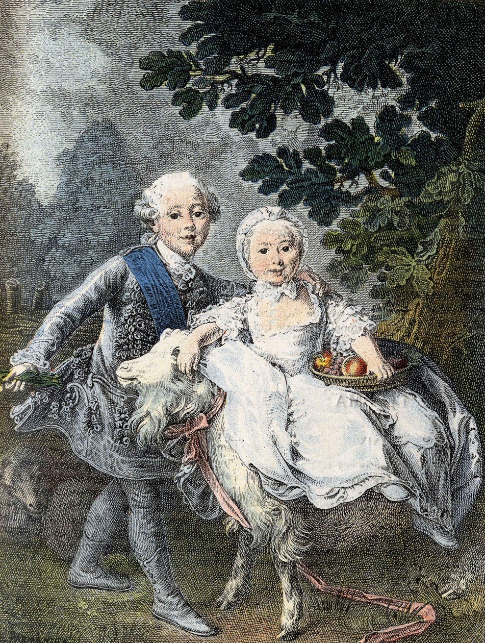 Dítě hraběte z Artois (budoucí král Karel X.) (1757-1836) a jeho sestra Marie Clotilde Xavière (budoucí královna Sardinie) (1759-1802) - zastoupeni v roce 1764. Rytina 19. století podle obrazu Françoise Huberta Drouaise. od Francois Hubert (manner of) Drouais