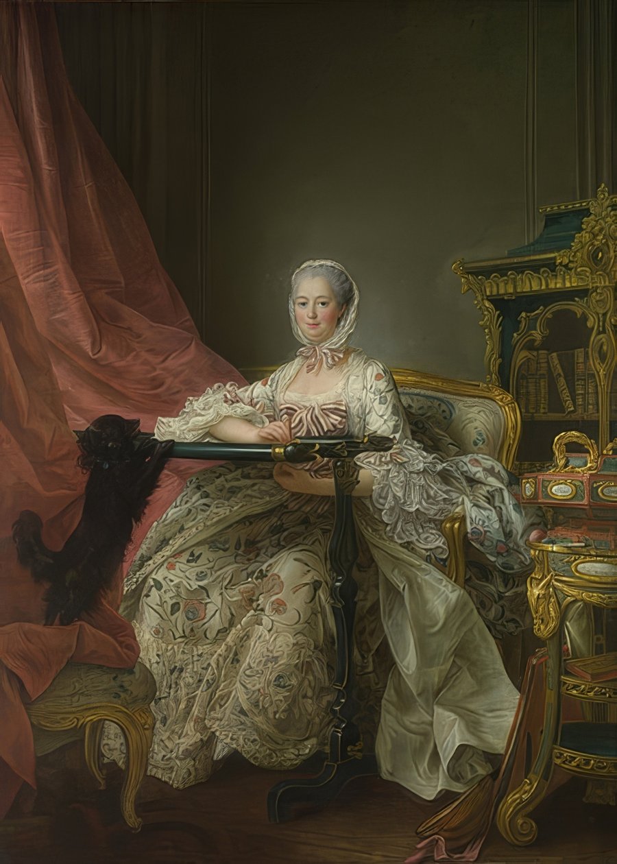 Madame de Pompadour (1721-1764) na vyšívacím rámečku. 1763-64 od Francois Hubert Drouais