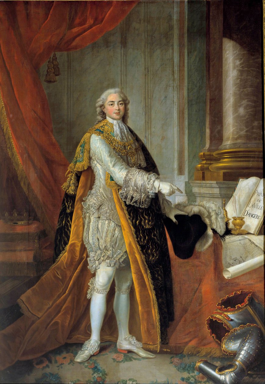 Portrét na nohou Louise Stanislase Xaviera z Francie (budoucího Ludvíka XVIII.), hraběte z Provence (1755-1824) ve skvělém oděvu Řádu Ducha svatého (Řád Ducha svatého) a představující privilegia města Angers“ “””” Obraz od Francoise od Francois Hubert Drouais