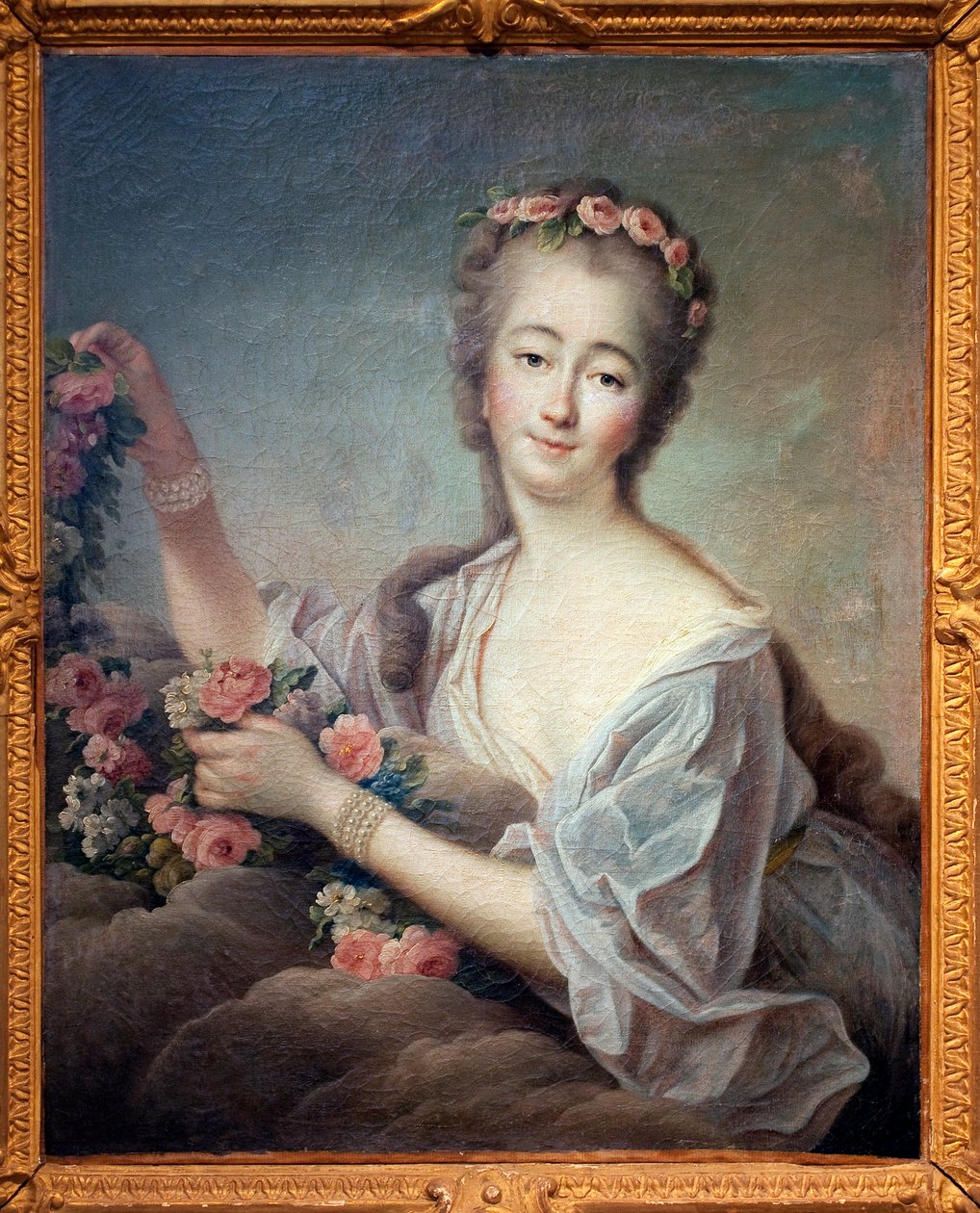 Portrét Madame du Barry en Flore (Jeanne Becu, hraběnka (nebo paní) z Barry (1743-1793) - obraz Francoise Huberta Drouaise (1727-1775), olej na plátně od Francois Hubert Drouais
