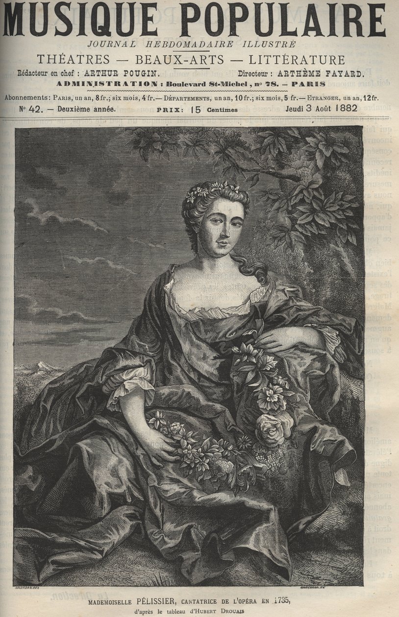 Portrét Marie Pelissierové (nebo Pellissierové) (1707-1749), francouzské operní pěvkyně - rytina podle obrazu Huberta Drouaise - rytina v ilustrovaném týdeníku „“La musique populaire“““ - 1882 od Francois-Hubert Drouais