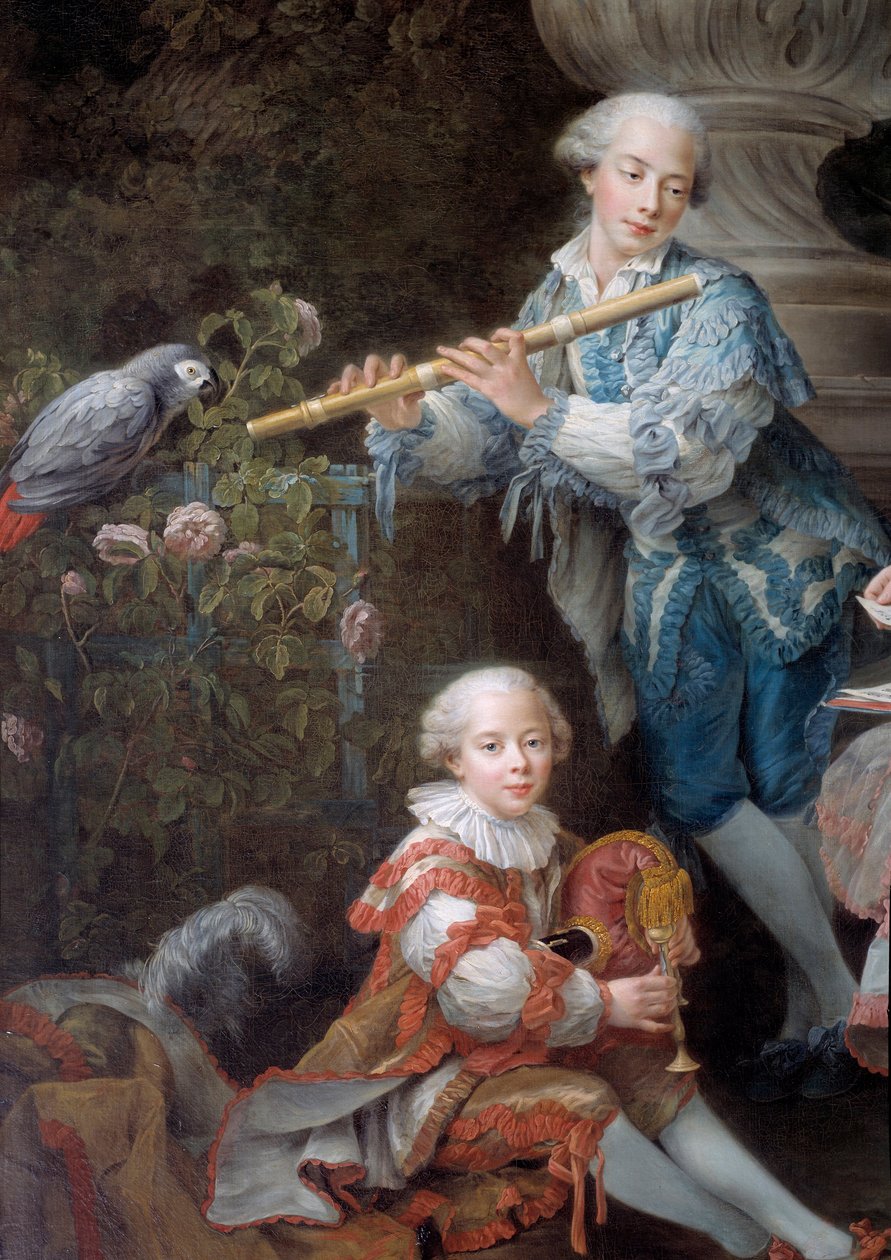 Rodina Louis Francois du Bouchet, Marquis de Sourches a Grand Prevot de France Detail. Obraz Francoise Huberta Drouaise (1727-1775) 1756 Ne. 3,24 x 2,84 m od Francois Hubert Drouais
