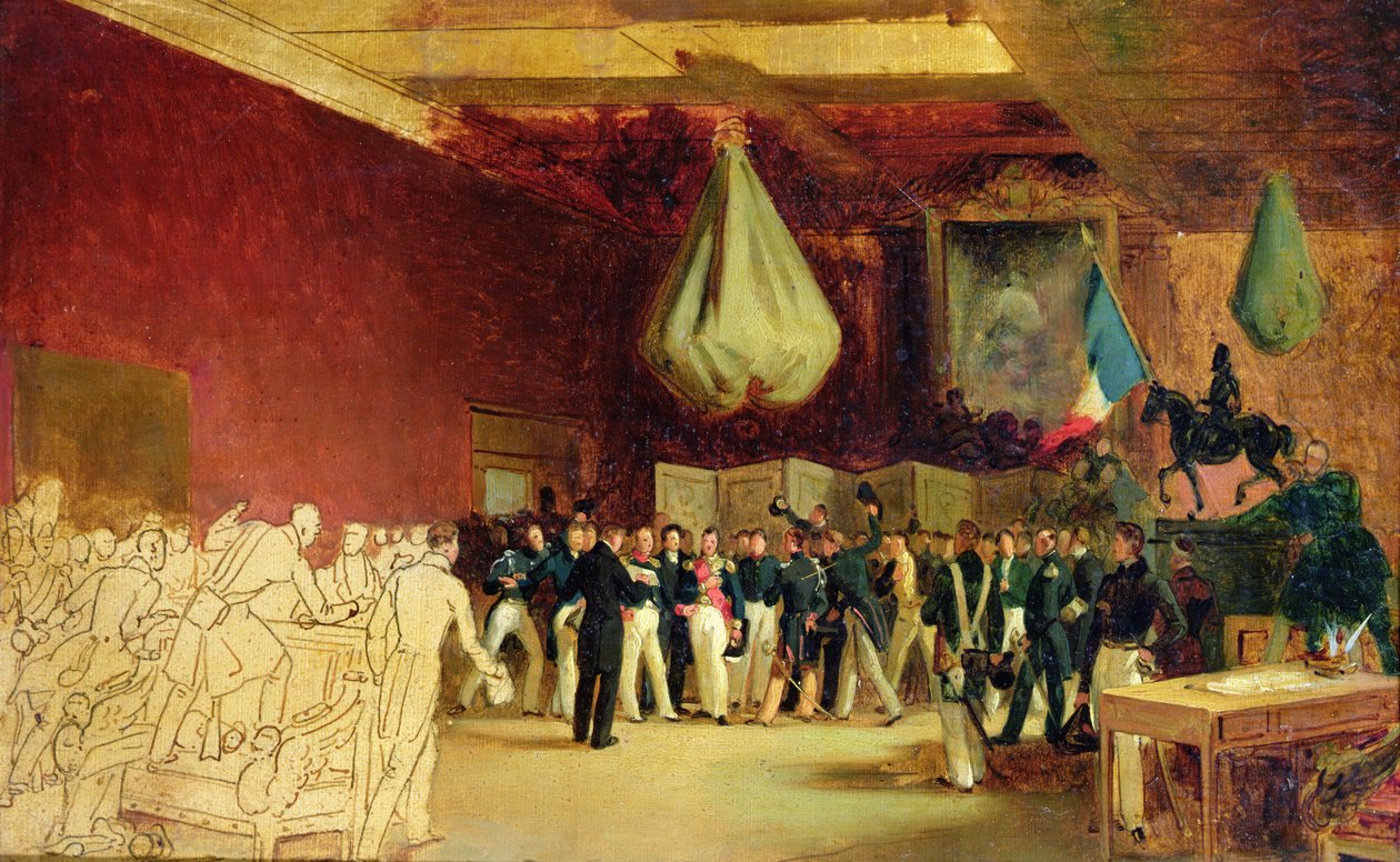 Poslanecká sněmovna předává vévodovi z Orleans, Ludvíku Filipovi I. (1773-1850), akt, který jej povolává na trůn, a Listinu z roku 1830, v královském paláci, 7. srpna 1830 od François Joseph Heim