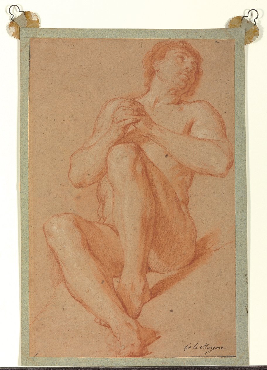 Sedící akademický akt se sepjatýma rukama, kolem 1723-24 (červená a bílá křída na světle hnědém papíře) od François Lemoyne